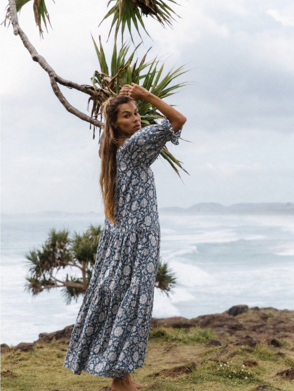 Daughters of India Sahana Forest Green Floral Block Print Tiered Maxi Dress - Picture 2 of 12